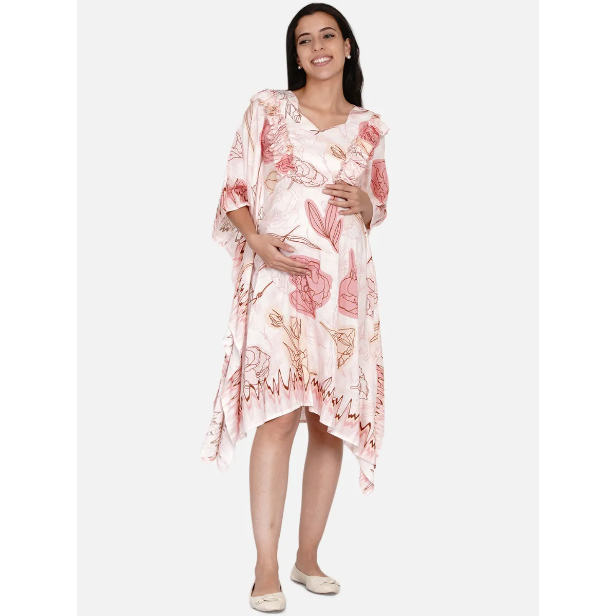 The Kaftan Company Peach Floral Maternity And Nursing Dress Peach