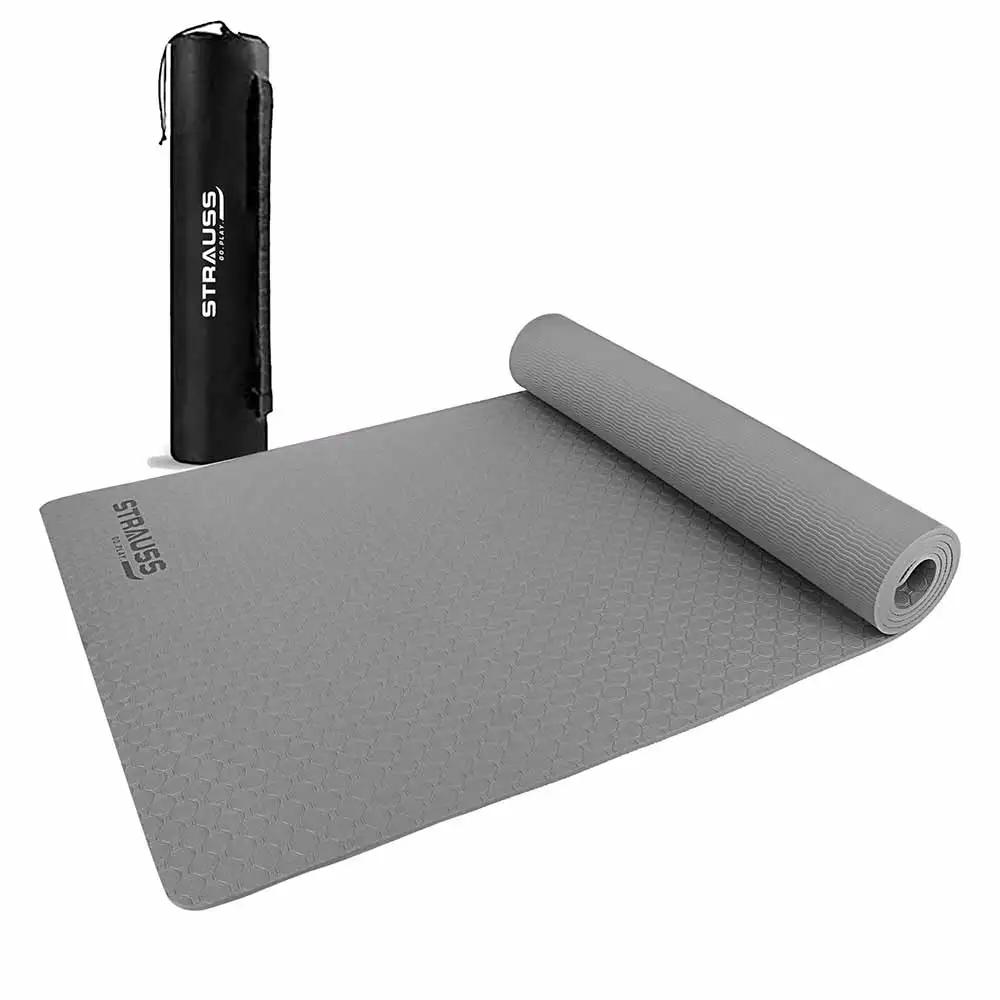 Strauss Anti Skid TPE Yoga Mat with Carry Bag,  Grey  6mm