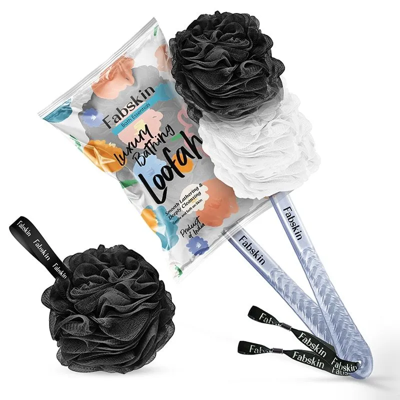 Fabskin Loofah Duo Pack- Bath Brush With Long Handle & Round Loofah- For Men & Women- Black & White