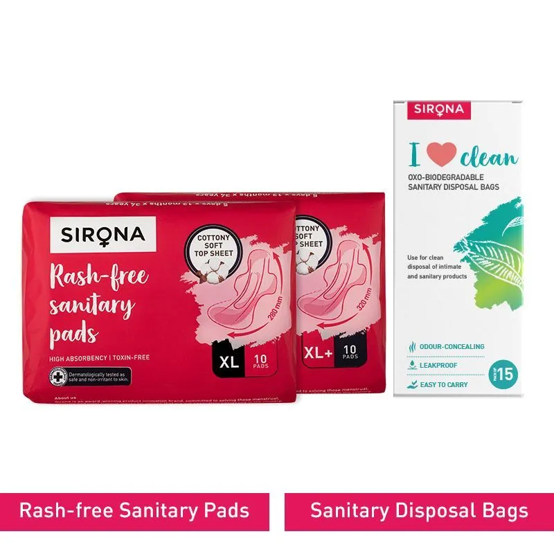 Sirona Cottony Soft Rash Free Sanitary Pads Combo Xl & Xl+ (20 Pcs) With Sanitary Disposal Bags