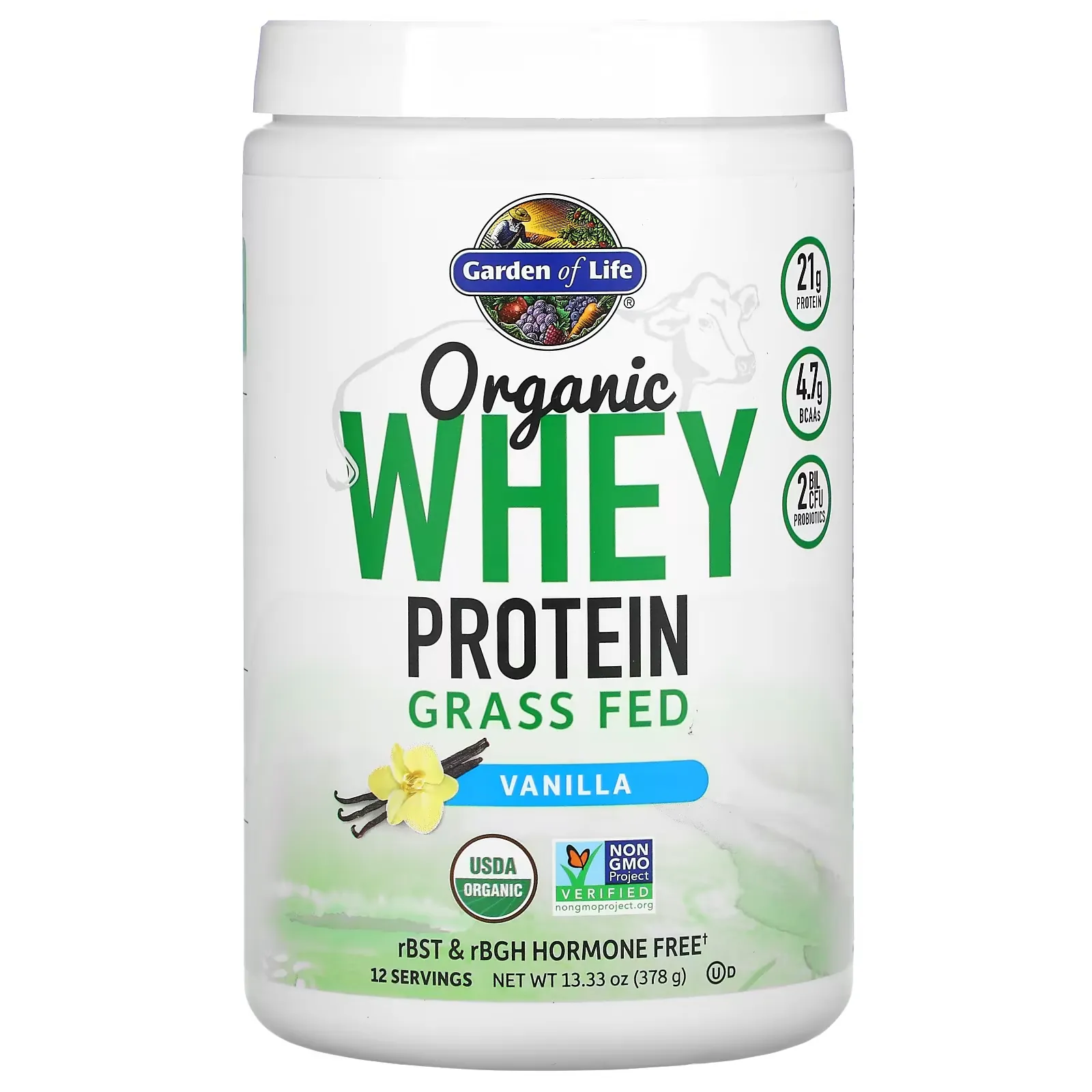 Organic Whey Protein, Grass-Fed, Vanilla, 13.33 oz (378 g)