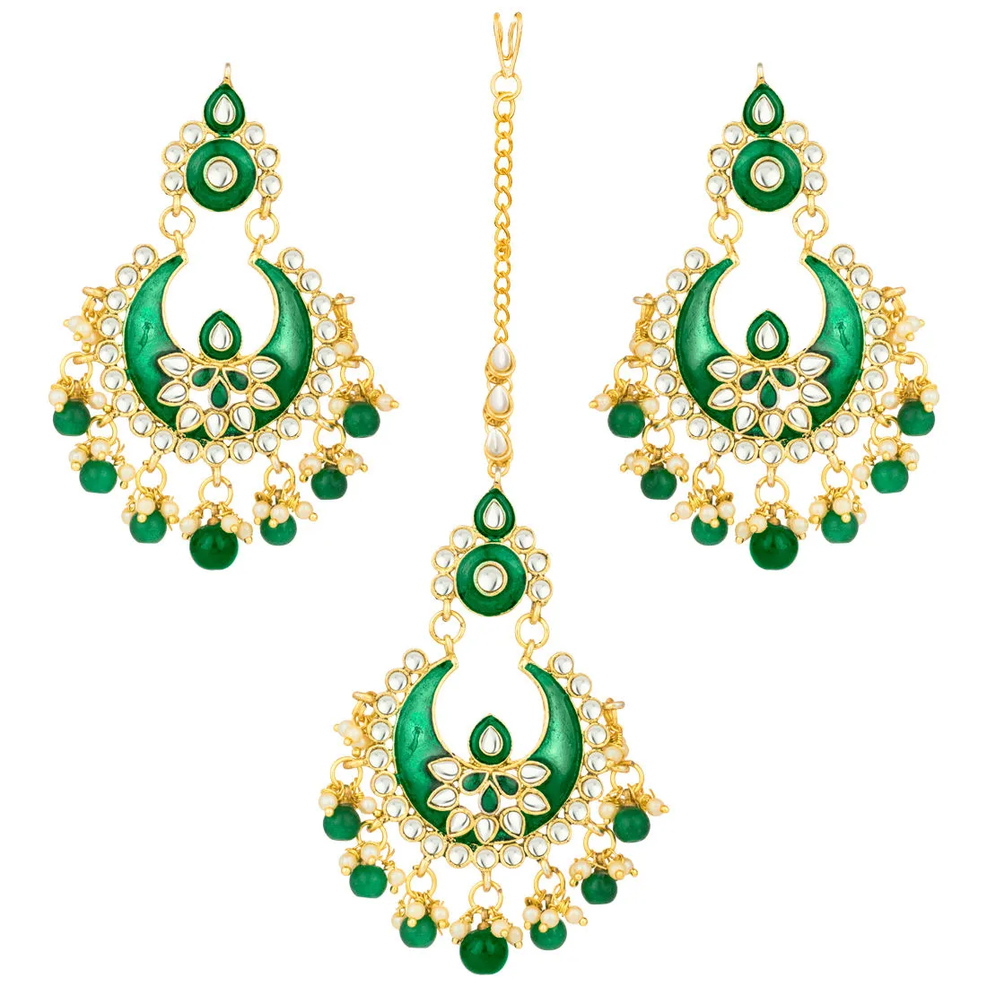 Peora 18K Gold Plated Kundan Pearl Earring Maang Tikka Set Indian Traditional Jewellery (PF25ET126G)