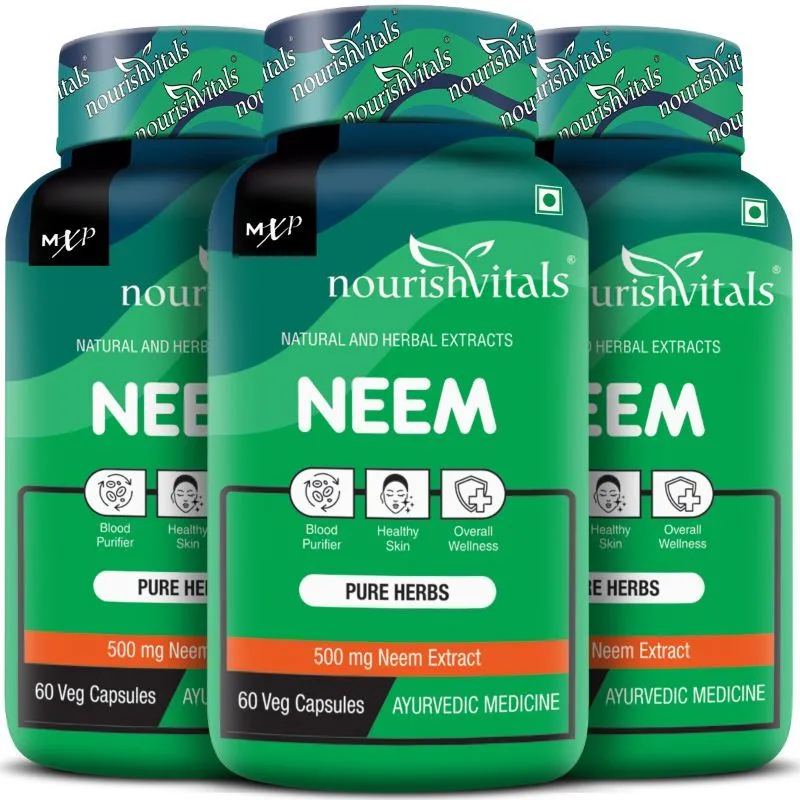 NourishVitals Neem Pure Herbs, 500 mg Neem Extract, For Healthy Skin, Veg Capsules