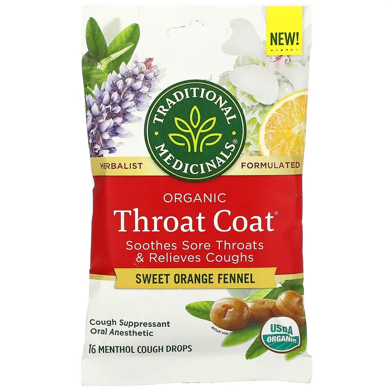 Organic Throat Coat Drops, Sweet Orange Fennel, 16 Menthol Cough Drops