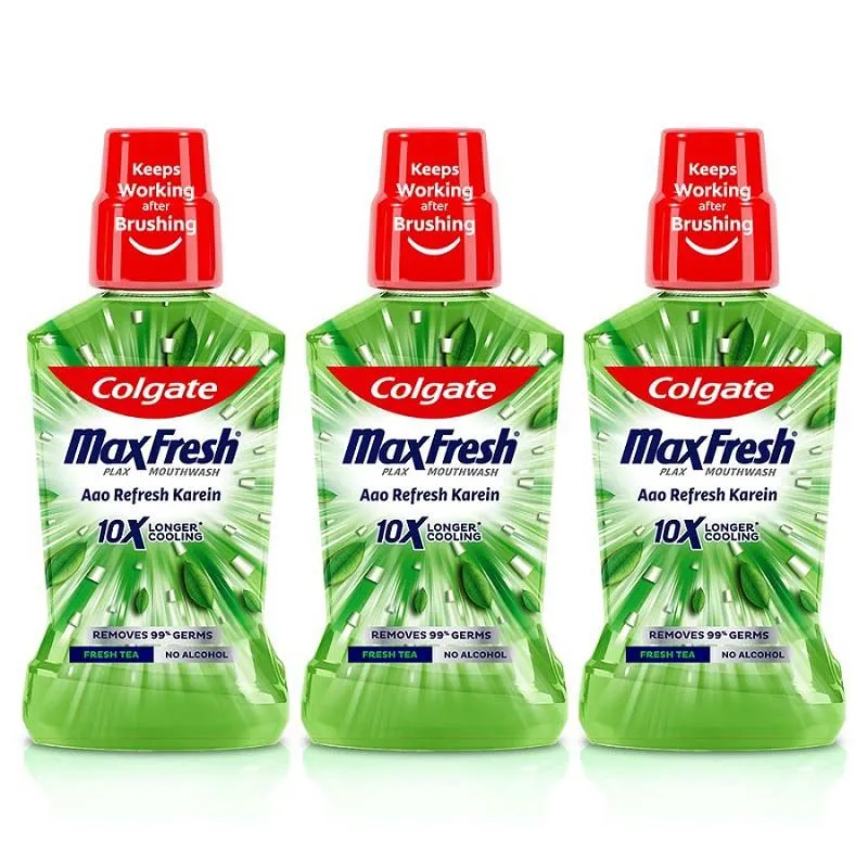 Colgate Maxfresh Plax Antibacterial Mouthwash, 24/7 Fresh Breath - Fresh Tea (Pack Of 3)