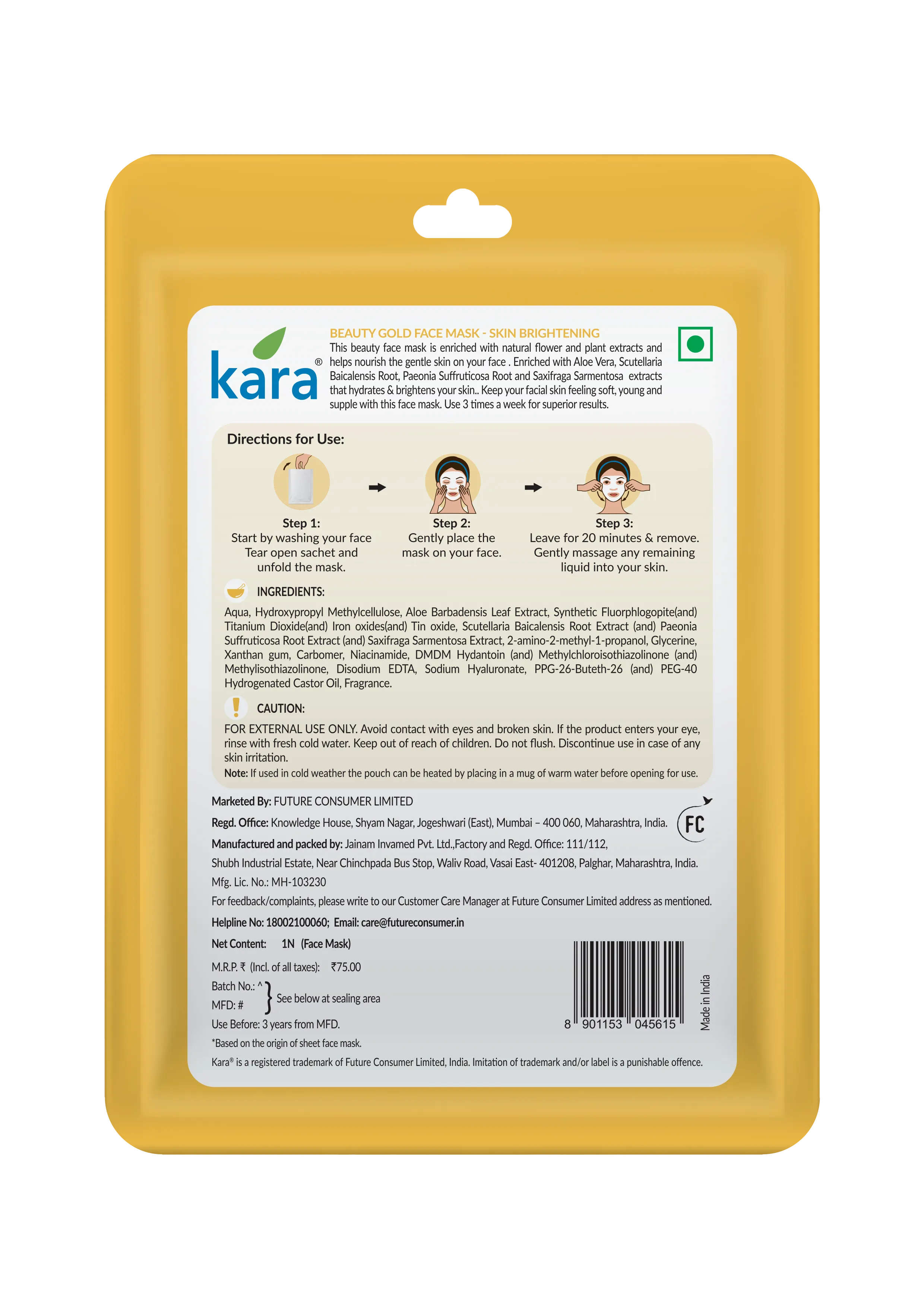 Kara Radiance & Lifting Face Mask Gold 1N