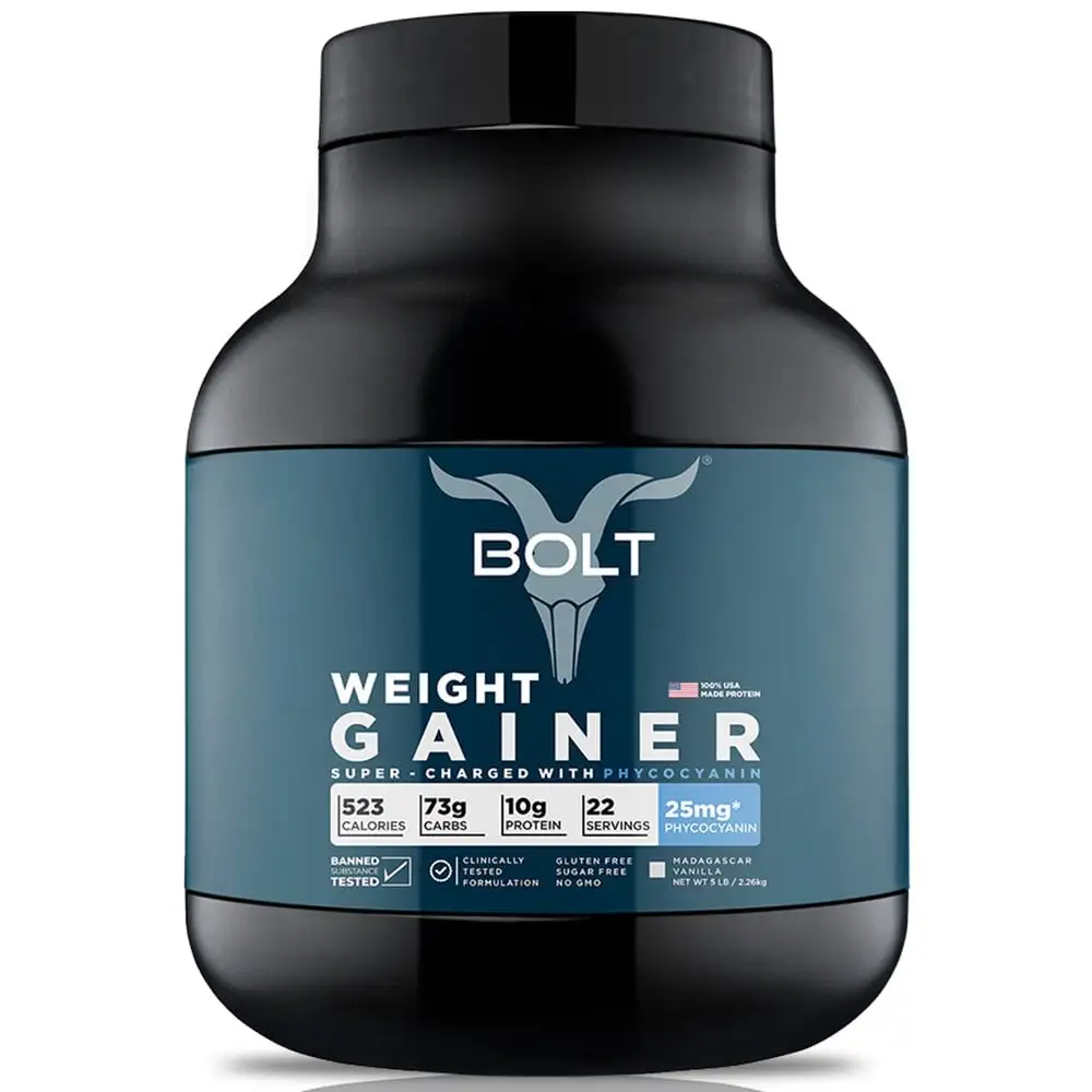 Bolt Weight Gainer Super-Charged with Phycocyanin,  5 lb  Madagascar Vanilla with Free Shaker