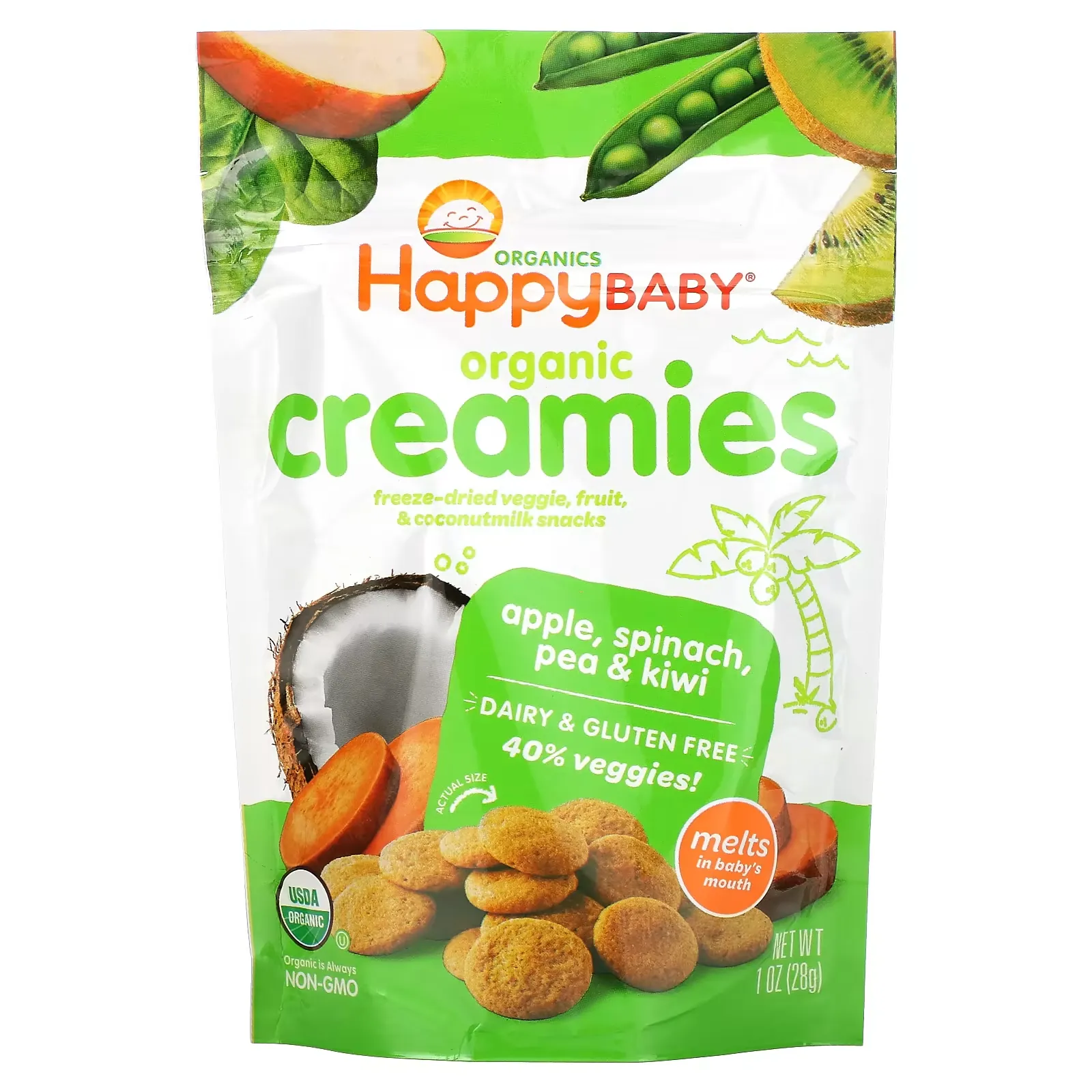 Creamies, Freeze-Dried Veggie, Fruit & Coconut Milk Snacks, Apple, Spinach, Pea & Kiwi, 1 oz (28 g)