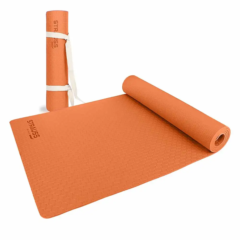 Strauss Anti Skid TPE Yoga Mat with Carry Strap,  Orange  8mm