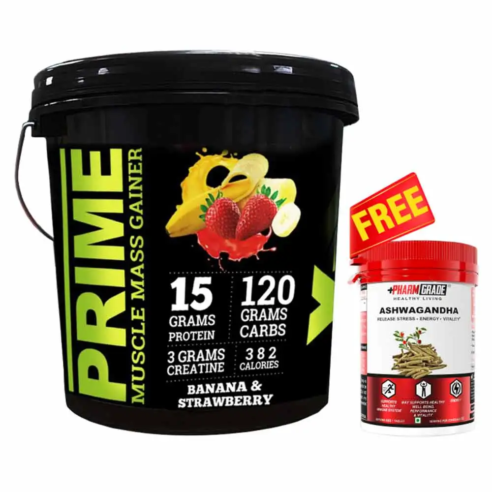 Big Flex Prime Muscle Mass Gainer,  13.2 lb  Banana & Strawberry + Pharmgrade Healthy Living Ashwagandha 60 Tabs Free