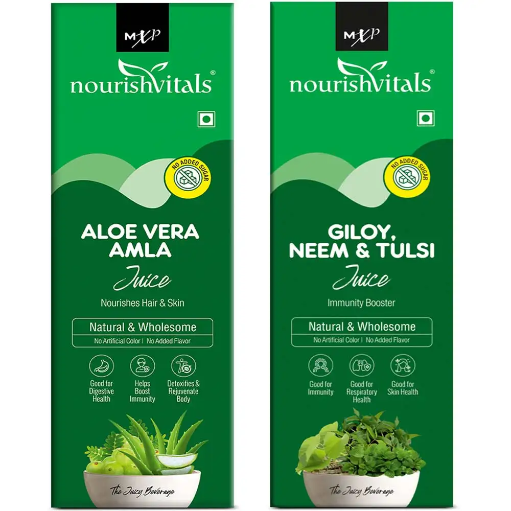 NourishVitals Aloe Vera Amla Juice + Giloy Neem & Tulsi Juice 500 ml Combo,  Natural  2 Piece(s)/Pack