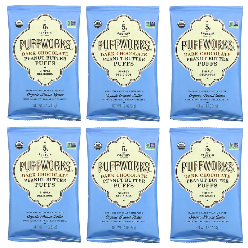 Peanut Butter Puffs, Dark Chocolate, 6 Pack, 1.2 oz (34 g) Each