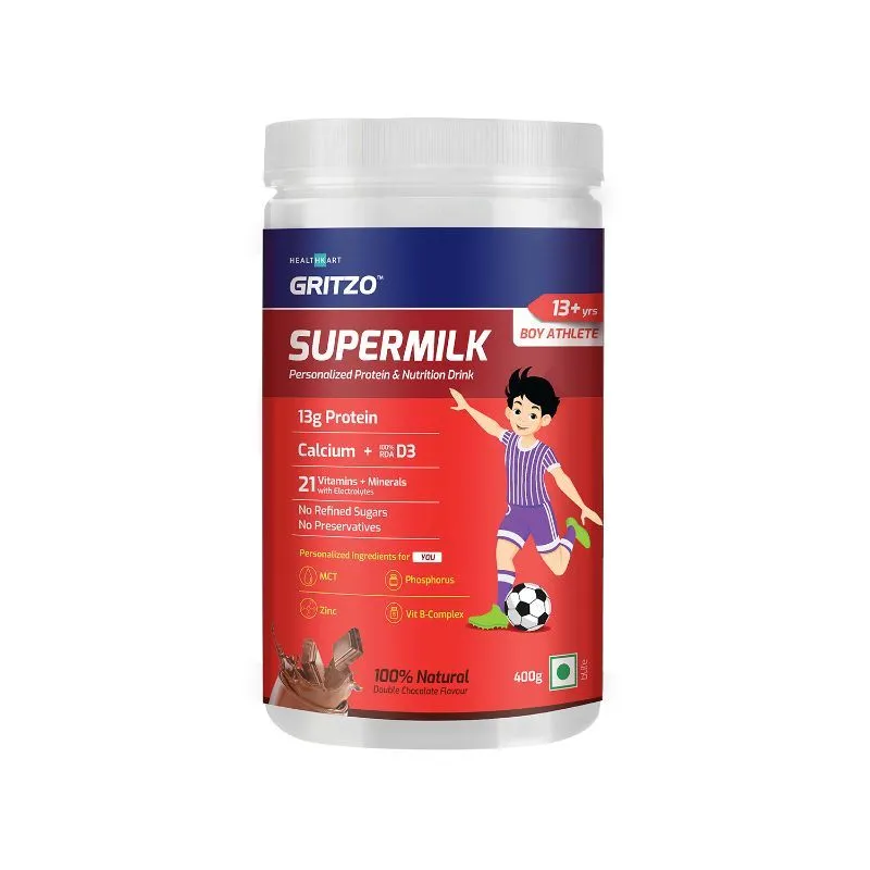 Gritzo Supermilk Athlete+ For 13+ Yr Boys Protein & Nutrition Drink, Natural Double Chocolate